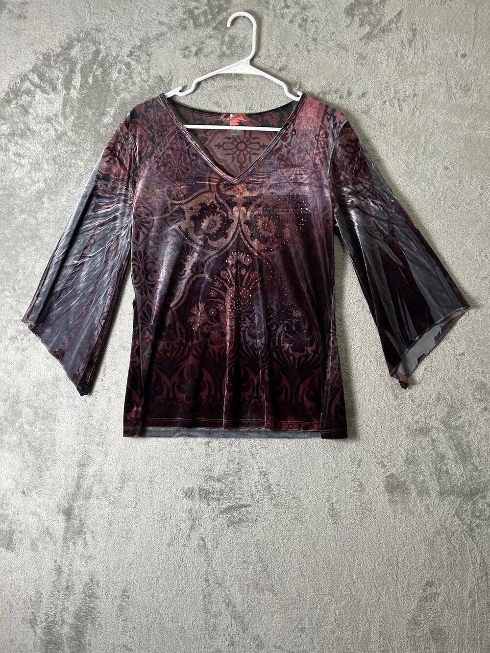 Vintage Sheer Mesh Paisley Bell Sleeve Top Y2K Boho Goth Festival Fairy Grunge M